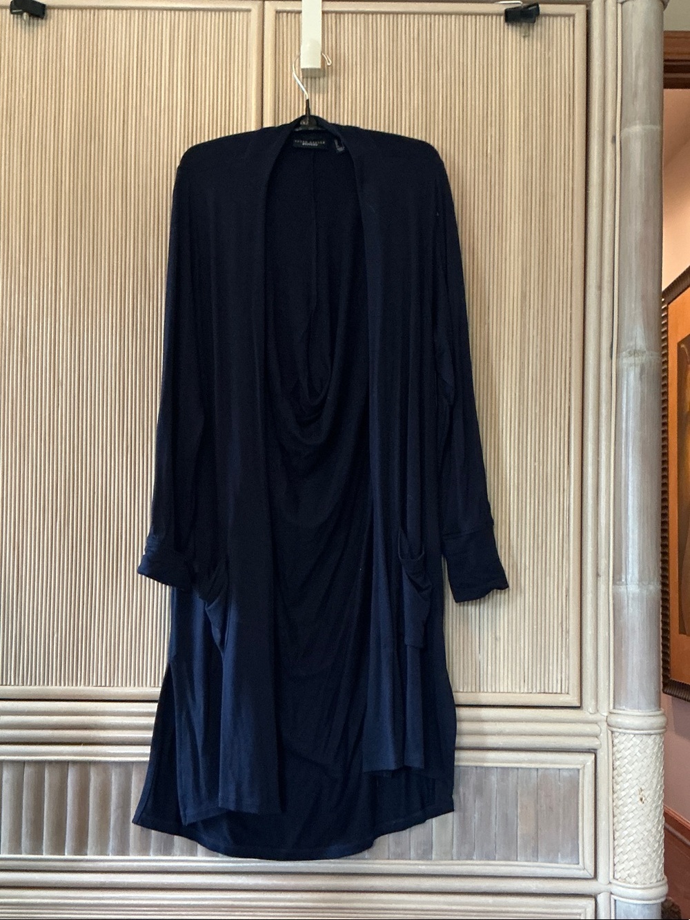 Susan Graver Navy Open-Front Draped Cardigan